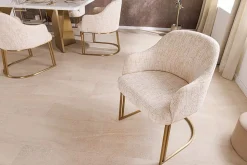 Armlehnen Stuhl EXTRAVAGANCIA beige Chenillestoff brushed champagner gold Metall