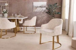 Armlehnen Stuhl EXTRAVAGANCIA beige Chenillestoff brushed champagner gold Metall