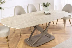 Ausziehbarer Esstisch INCEPTION 130-190cm oval Travertin Keramik champagner greige