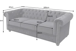 Barock Sofa CHESTERFIELD 205cm schwarz Samt Federkern Knopfheftung 3-Sitzer Couch