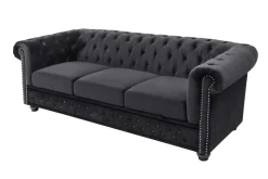 Barock Sofa CHESTERFIELD 205cm schwarz Samt Federkern Knopfheftung 3-Sitzer Couch