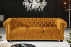 Barock Sofa CHESTERFIELD 205cm senfgelb Samt Federkern Knopfheftung 3-Sitzer Couch