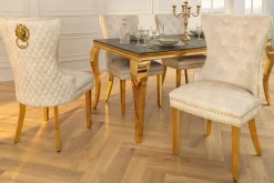 Barock Stuhl CASTLE DELUXE beige Samt gold Edelstahl mit Löwenkopf Ziernieten