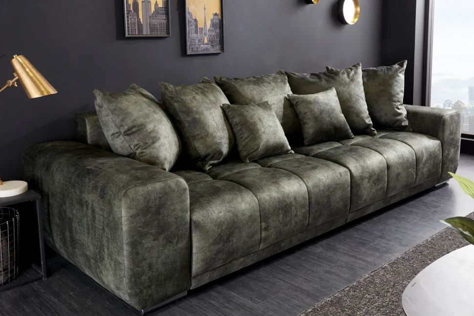 Big Sofa ELEGANCIA 285cm moosgrün Microfaser XXL Couch inkl. Kissen Federkern