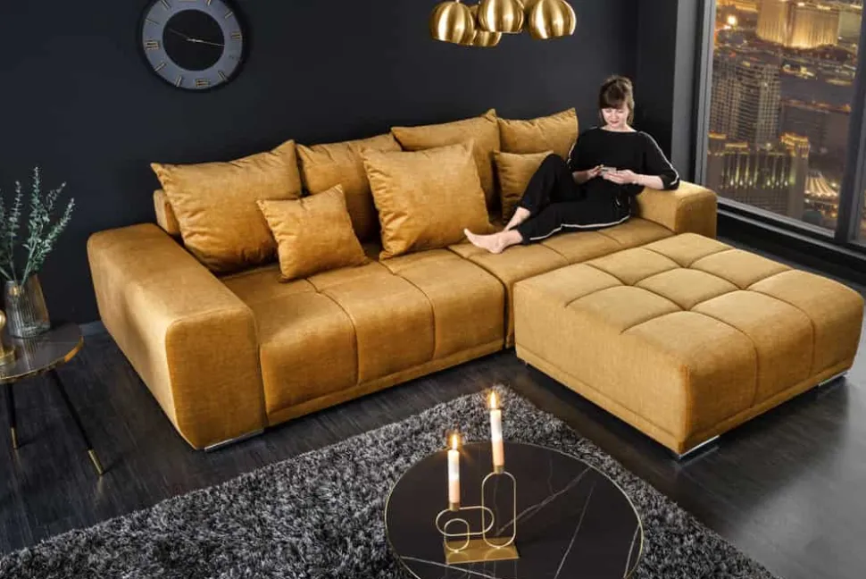 Big Sofa ELEGANCIA 285cm senfgelb Vogue Velours Samt XXL Couch inkl. Kissen Federkern