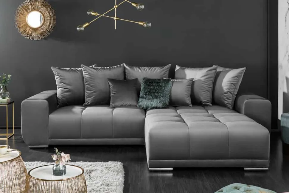 Big Sofa ELEGANCIA 285cm silbergrau Samt XXL Couch inkl. Kissen Federkern
