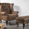 Chesterfield Sessel 85cm antik braun Microfaser mit Knopfheftung