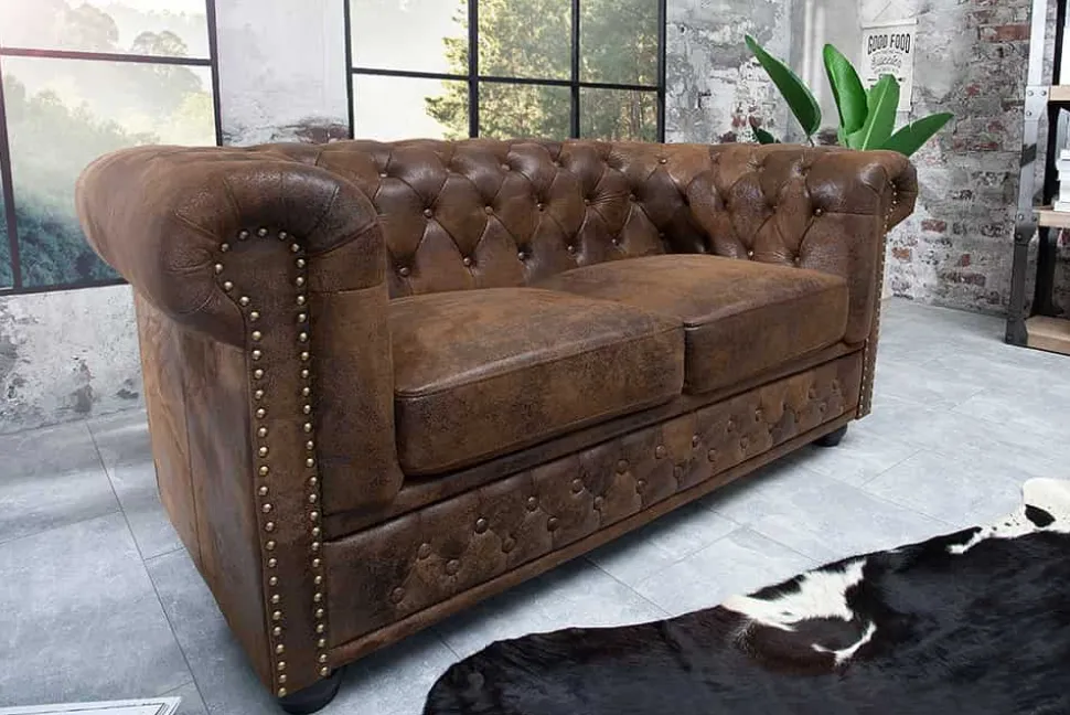 Chesterfield 2-Sitzer Sofa 150cm antik braun Microfaser Federkern Knopfheftung