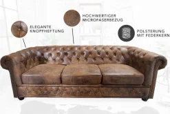 Chesterfield 3-Sitzer Sofa 205cm antik braun Microfaser Federkern Knopfheftung