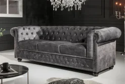 Chesterfield 3-Sitzer Sofa 205cm grau Samt Federkern Knopfheftung