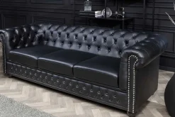 Chesterfield 3-Sitzer Sofa 205cm schwarz Nietenbesatz Federkern