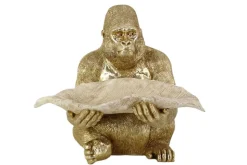 Deko-Figur GORILLA 40cm gold beige handmade mit Schale im Blatt-Design