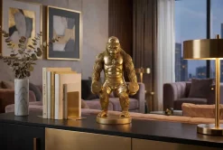 Deko-Figur KING APE 35cm gold Gorilla mit Hanteln handmade