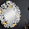 Dekorativer Wandspiegel GINKGO LEAFS XL 90cm gold silber rund aus Metall handmade