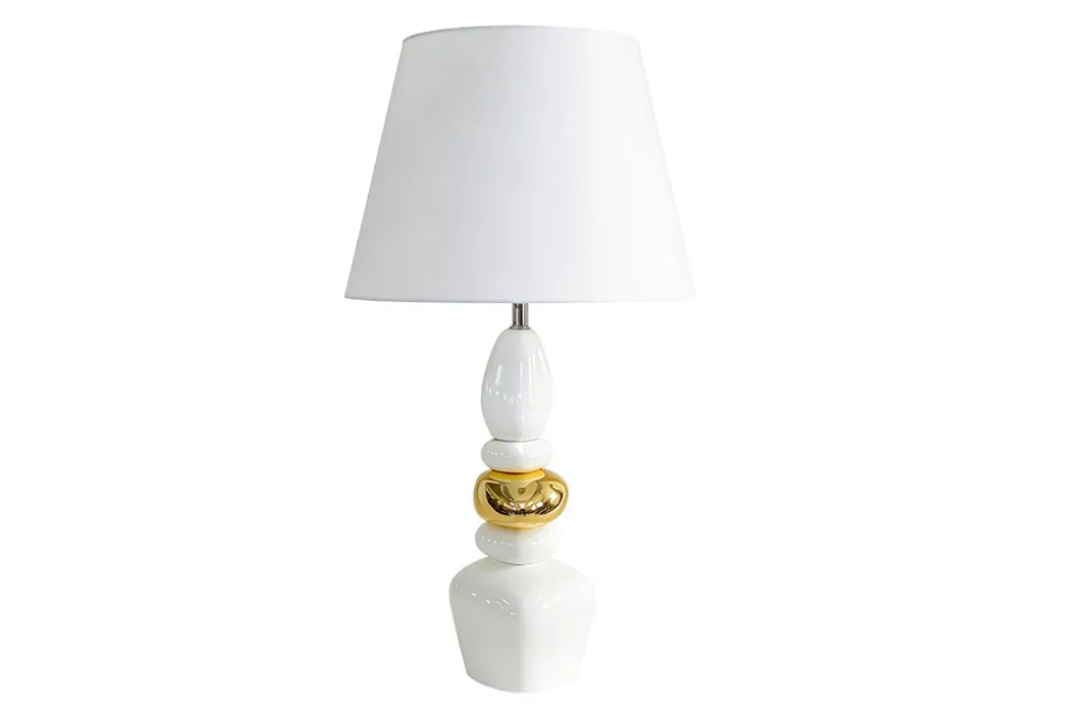 Dekorative Tischlampe STONES OF ZEN 70cm weiß gold mit Stoffschirm rund