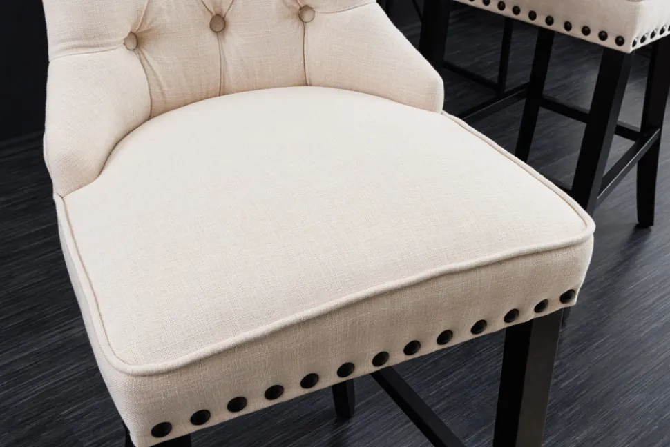 Design Barhocker CASTLE beige schwarz Strukturstoff mit Lehne Holz Chesterfield