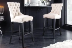 Design Barhocker CASTLE beige schwarz Strukturstoff mit Lehne Holz Chesterfield