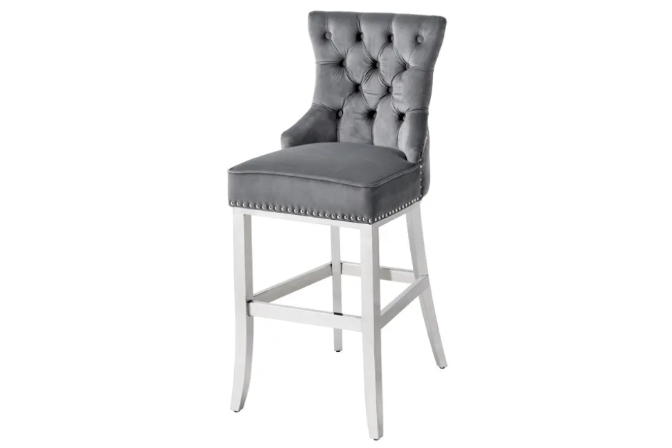 Design Barhocker CASTLE DELUXE grau Samt silber Edelstahl mit Lehne Chesterfield