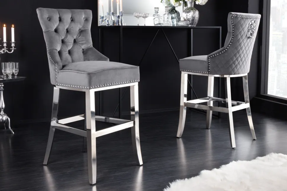 Design Barhocker CASTLE DELUXE grau Samt silber Edelstahl mit Lehne Chesterfield