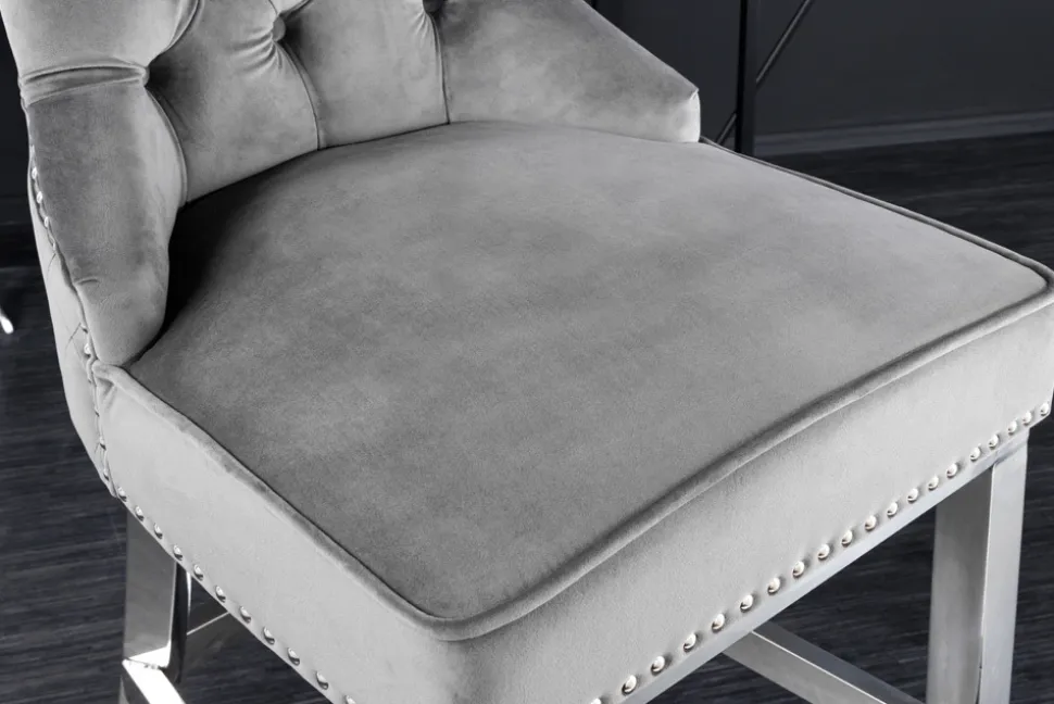 Design Barhocker CASTLE DELUXE grau Samt silber Edelstahl mit Lehne Chesterfield