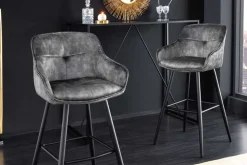 Design Barhocker EUPHORIA grau Samt schwarze Metallbeine Barstuhl mit Lehne