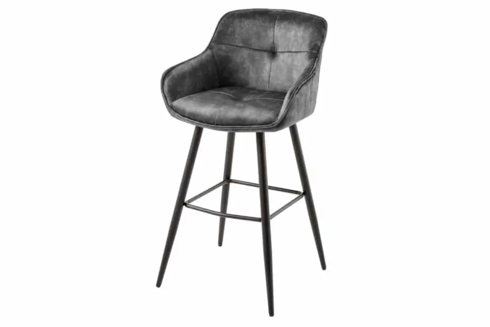 Design Barhocker EUPHORIA grau Samt schwarze Metallbeine Barstuhl mit Lehne