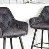 Design Barhocker MILANO grau Samt Barstuhl mit Lehne Metall schwarz Chesterfield-Steppung
