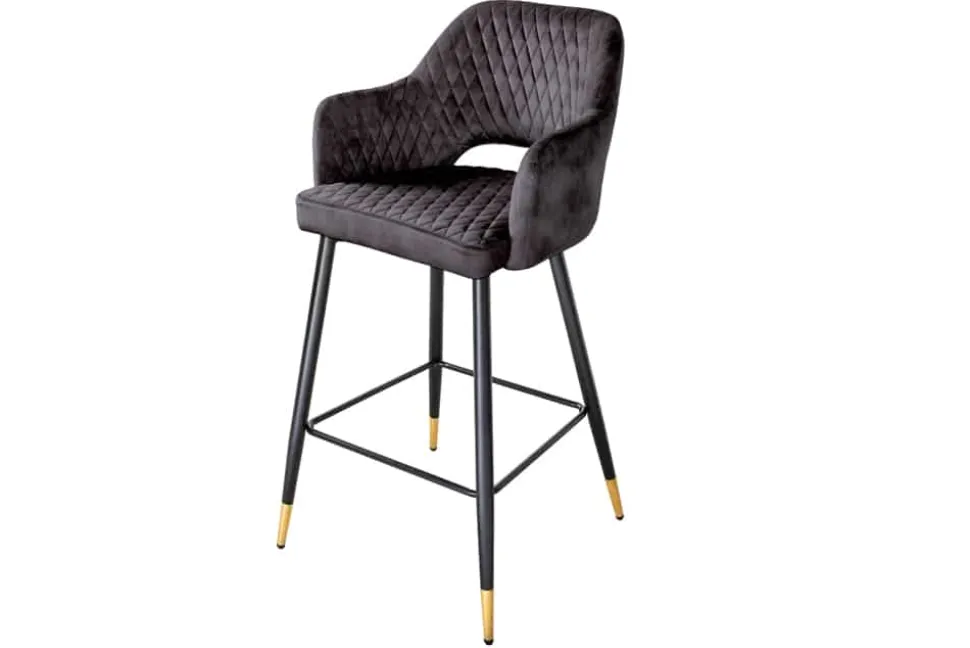 Design Barhocker PARIS grau Samt mit Lehne Metall schwarz gold Ziersteppung