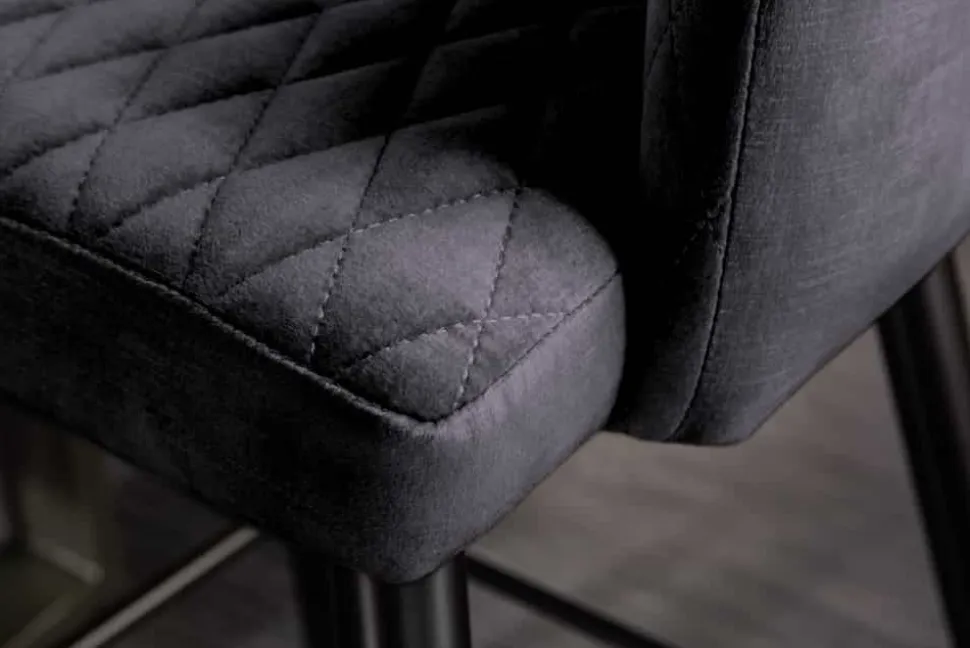 Design Barhocker PARIS grau Samt mit Lehne Metall schwarz gold Ziersteppung