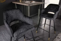 Design Barhocker PARIS grau Samt mit Lehne Metall schwarz gold Ziersteppung
