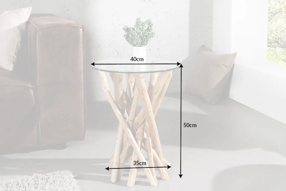 Design Beistelltisch DRIFTWOOD 40cm Teakholz mit Glasplatte rund Couchtisch
