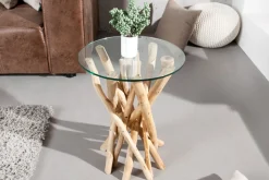 Design Beistelltisch DRIFTWOOD 40cm Teakholz mit Glasplatte rund Couchtisch