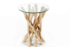 Design Beistelltisch DRIFTWOOD 40cm Teakholz mit Glasplatte rund Couchtisch