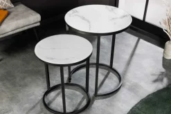 Design Beistelltisch ELEGANCE 2er Set weiß rund Kristallglas mit Marmor-Dekor schwarzes Gestell