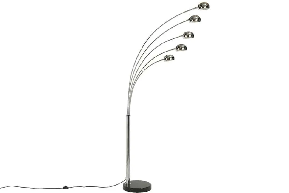 Design Bogenlampe FIVE LIGHTS 205cm chrom Stehlampe mit schwarzem Marmorfuß