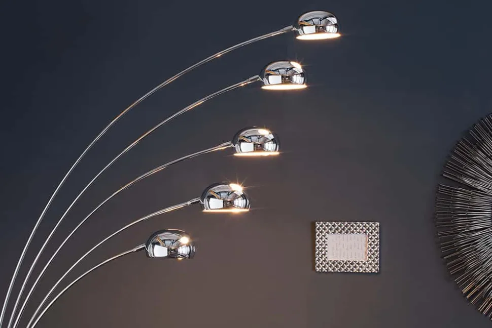 Design Bogenlampe FIVE LIGHTS 205cm chrom Stehlampe mit schwarzem Marmorfuß