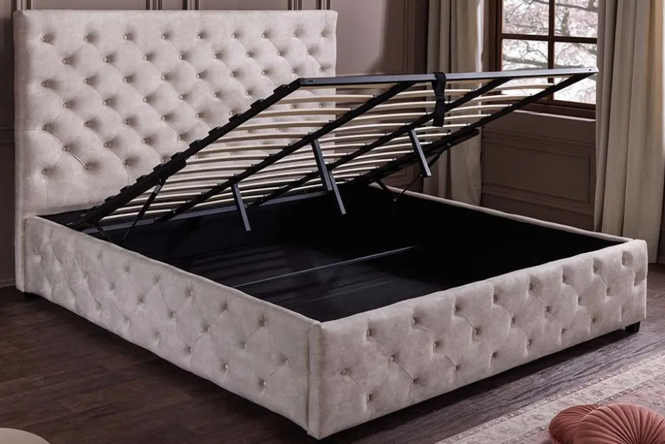 Design Boxbett PARIS 180x200cm champagner beige Samt mit Stauraum und Lattenrost
