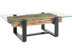 Design Couchtisch BARRACUDA 130cm recyceltes Teakholz Glasplatte schwarz Edelstahl Industrial