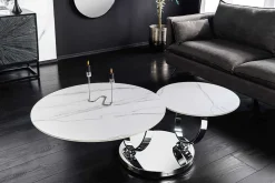 Design Couchtisch DANCING RINGS weiß rund drehbar Marmor Keramik Chrome Gestell