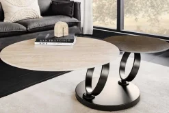 Design Couchtisch DANCING RINGS rost rund drehbar Travertin Keramik schwarz Gestell