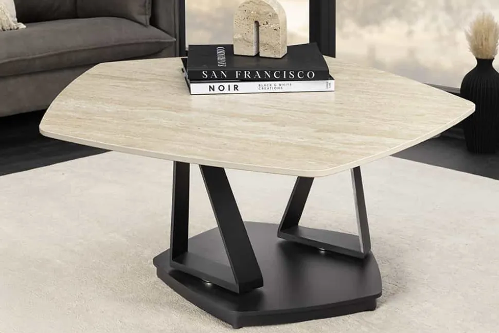 Design Couchtisch MOVEMENT rost Pentagon drehbar Travertin Keramik schwarz Metall
