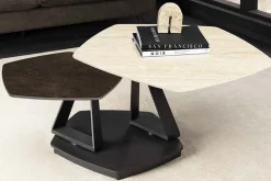 Design Couchtisch MOVEMENT rost Pentagon drehbar Travertin Keramik schwarz Metall