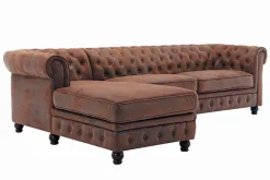Design Ecksofa CHESTERFIELD 270cm antik braun Microfaser Federkern Ottomane links Vintage