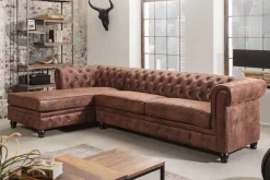 Design Ecksofa CHESTERFIELD 270cm antik braun Microfaser Federkern Ottomane links Vintage