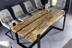 Design Glas Esstisch BARRACUDA 220cm natur Teak Massivholz schwarz Kufengestell