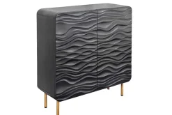 Design Highboard WAVE 120cm schwarz Mangoholz mit 3D Schnitzereien mattgold Metallbeine
