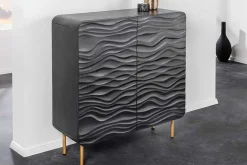 Design Highboard WAVE 120cm schwarz Mangoholz mit 3D Schnitzereien mattgold Metallbeine
