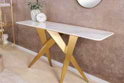 Design Konsolentisch ART LIVING 140cm weiß Marmor Keramik champagner gold brushed