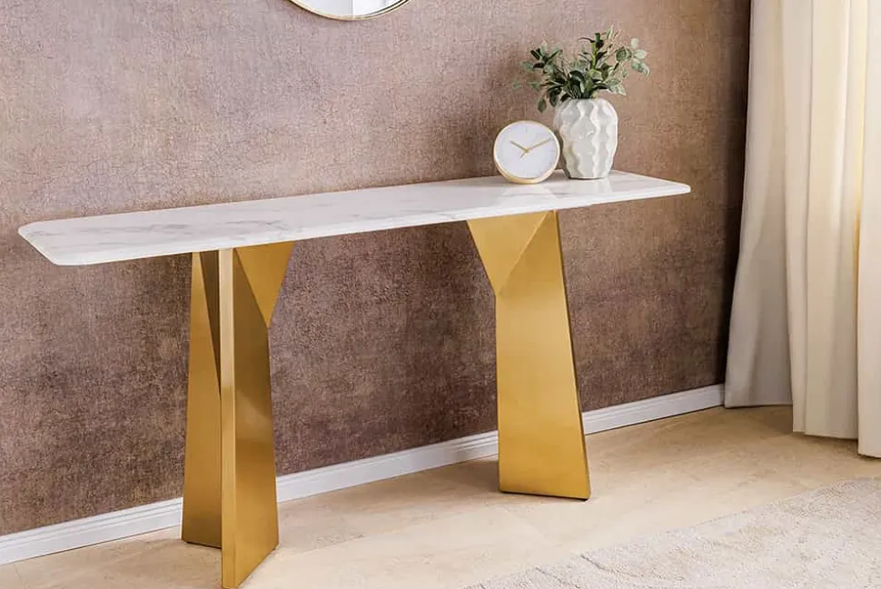 Design Konsolentisch EXTRAVAGANCIA 140cm weiß Marmor brushed champagner gold Metall