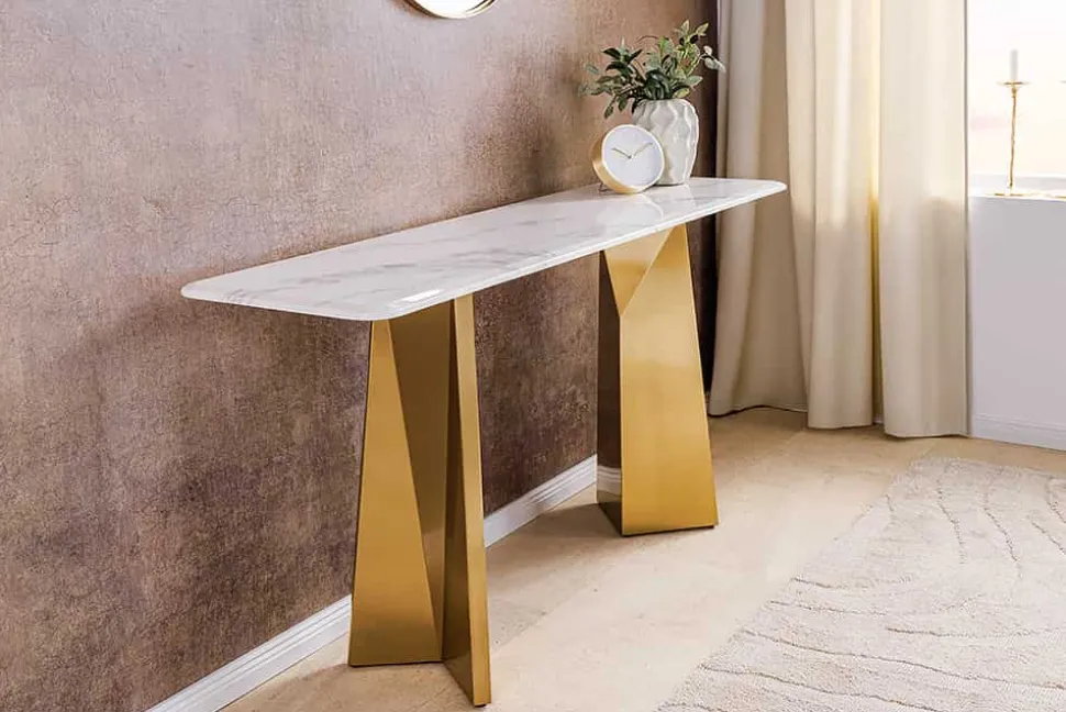 Design Konsolentisch EXTRAVAGANCIA 140cm weiß Marmor brushed champagner gold Metall